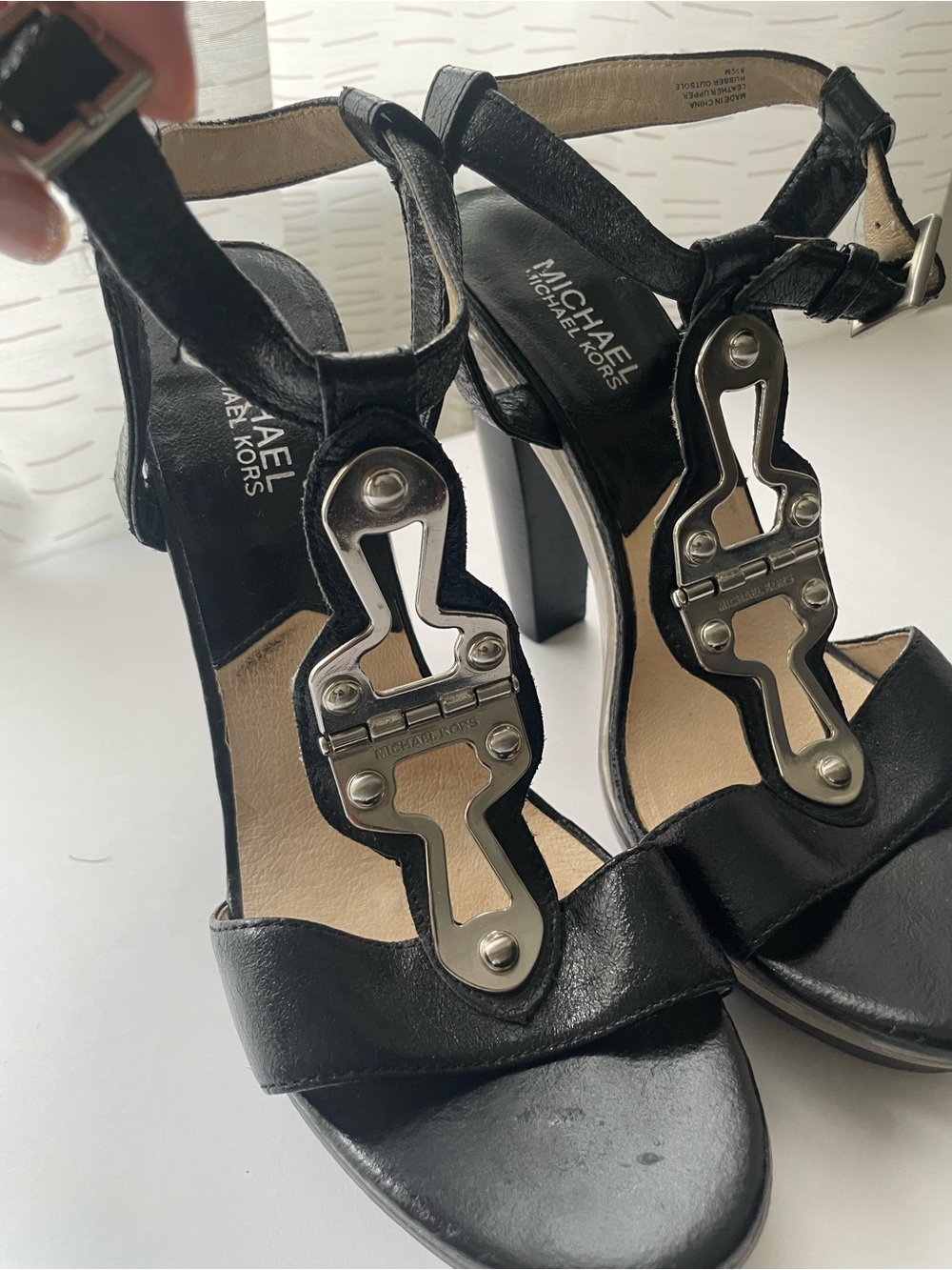 Michael Kors Black Leather T-Strap Block Heel Sandals with Silver Hardware